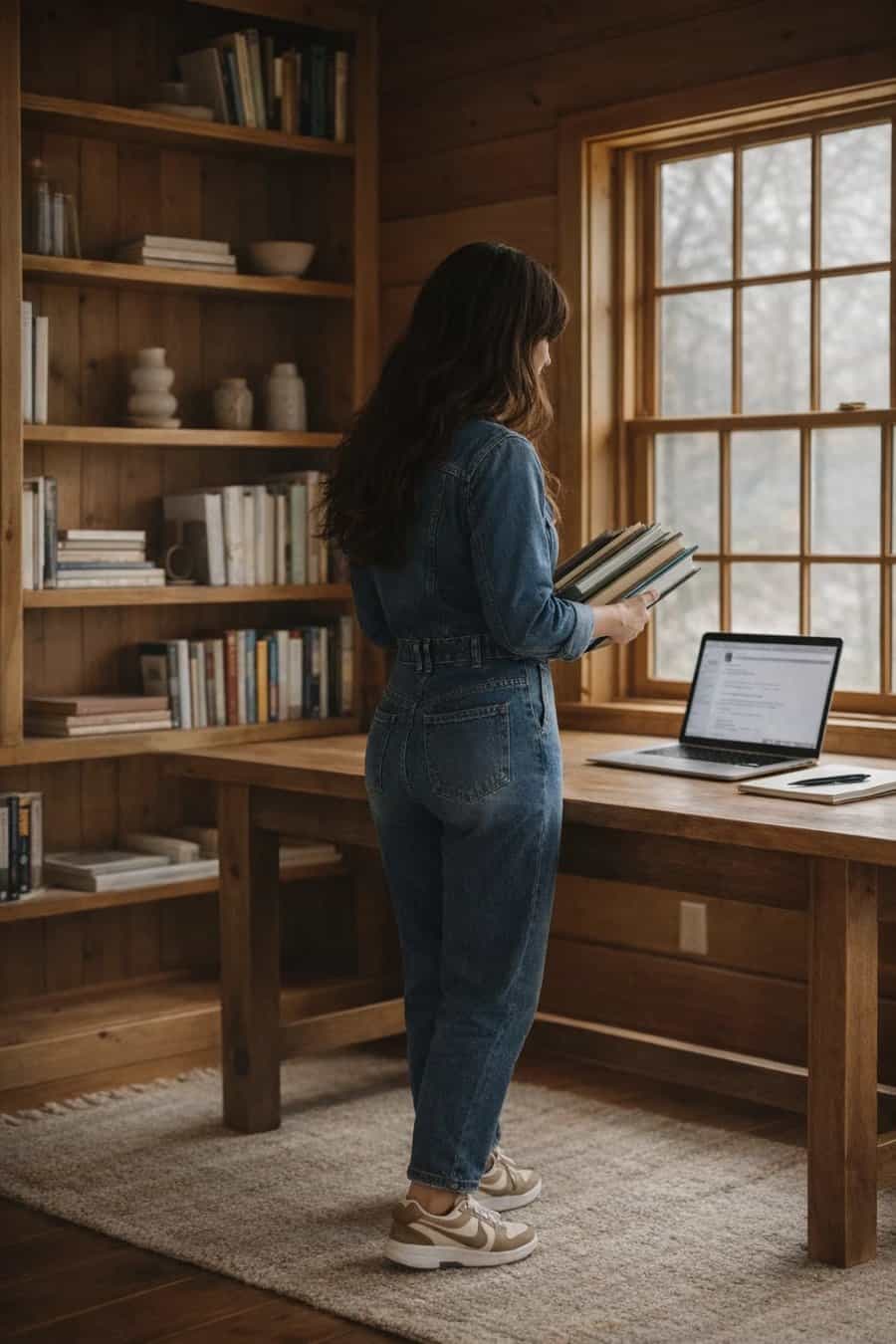 Une personne de dos dans un bureau en bois chaleureux, des livres dans les bras, près d’un ordinateur portable